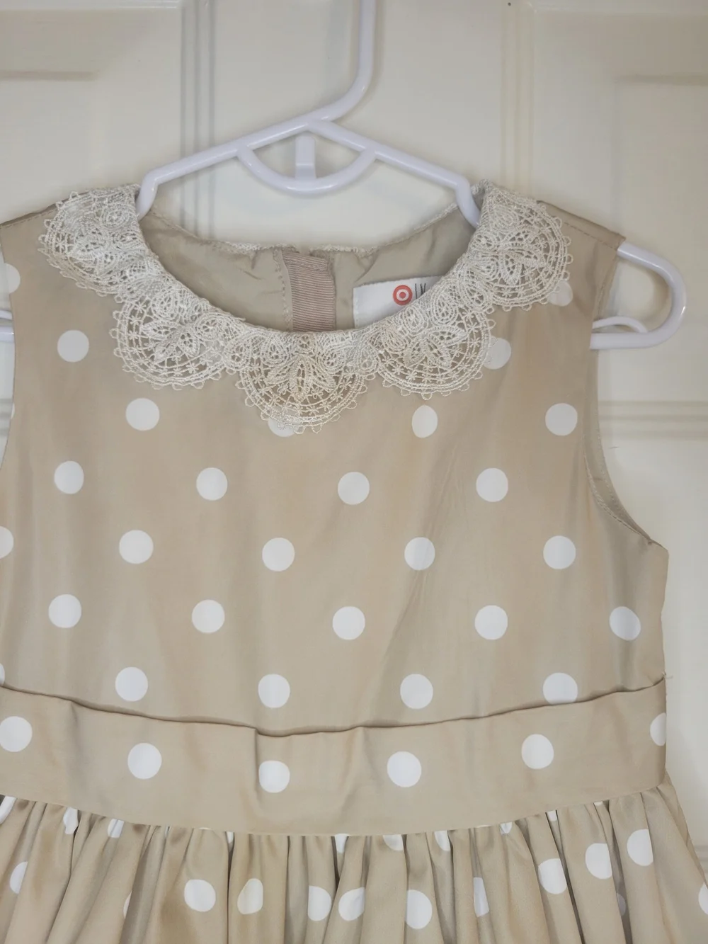 Nieman Marcus Beige Polka Dot Dress with Lace Collar